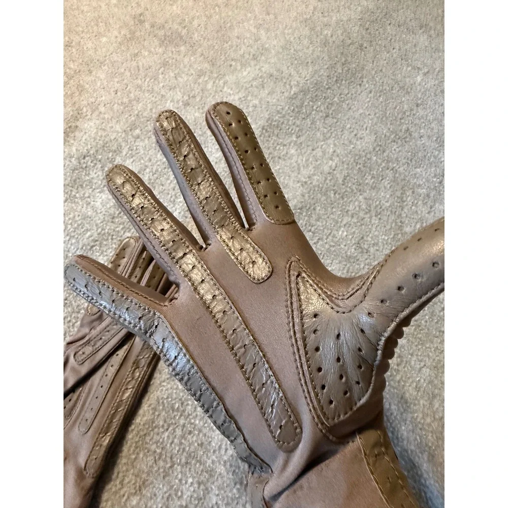 Vintage Aris Isotoner Driving Gloves Taupe Brown Leather Chevron Spandex Womens